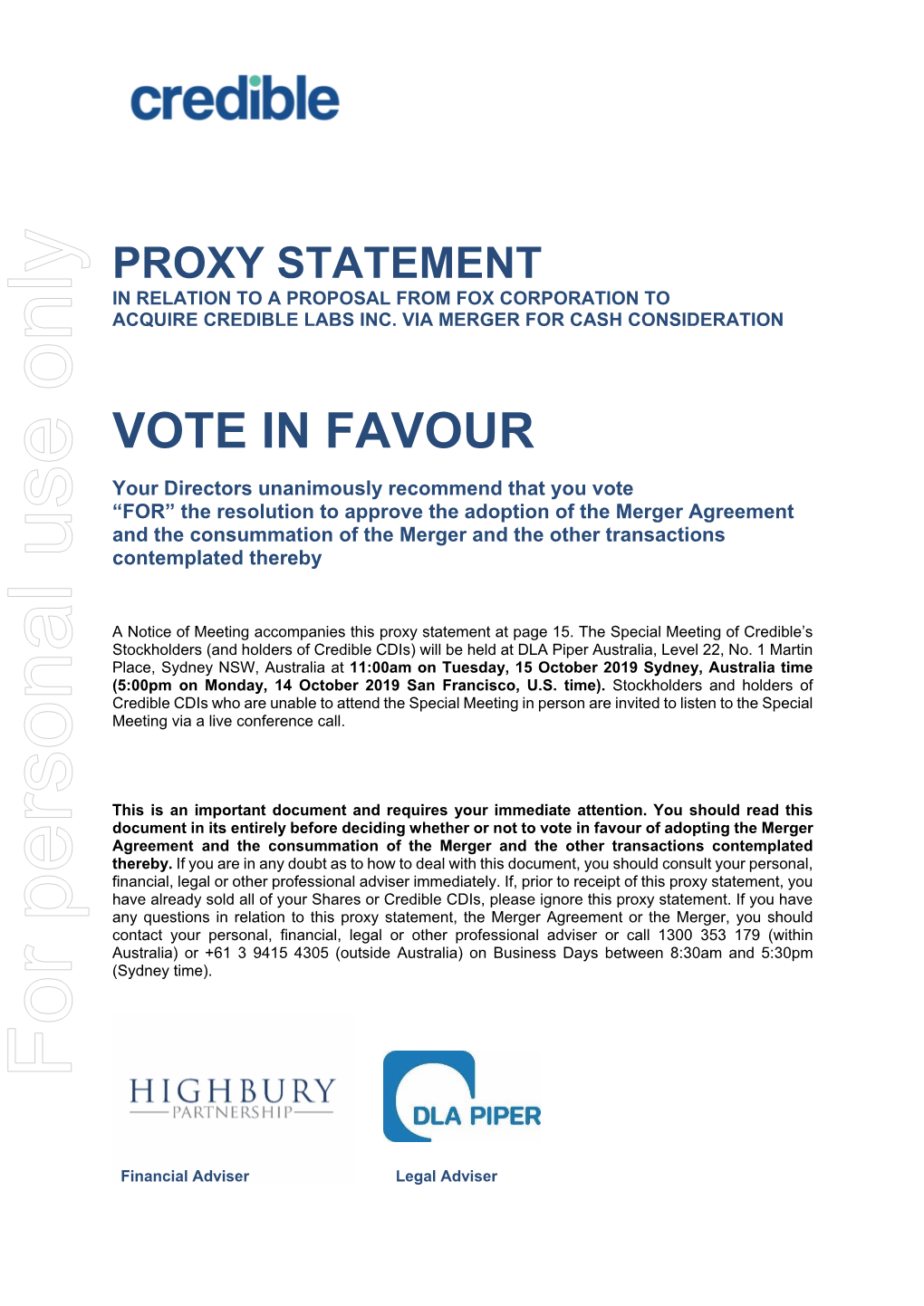 Proxy Statement in Relation to a Proposal from Fox Corporation to Acquire Credible Labs Inc