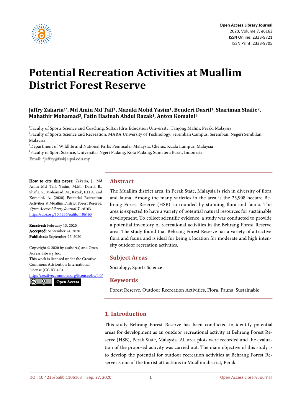 Potential Recreation Activities at Muallim District Forest Reserve