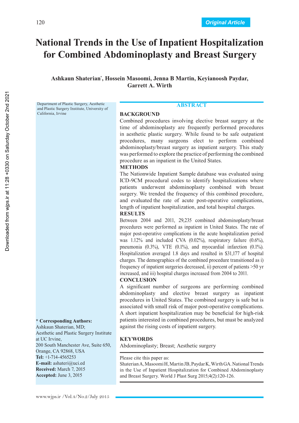 National Trends in the Use of Inpatient Hospitalization for Combined Abdominoplasty and Breast Surgery