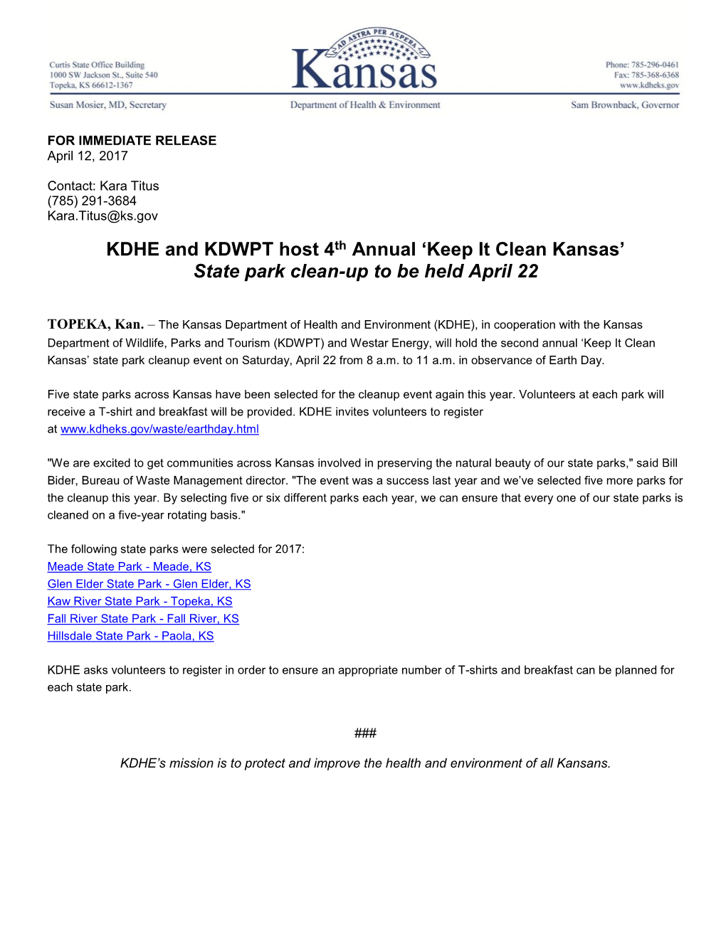 KDHE and KDWPT Host 4Th Annual ‘Keep It Clean Kansas’ State Park Clean-Up to Be Held April 22