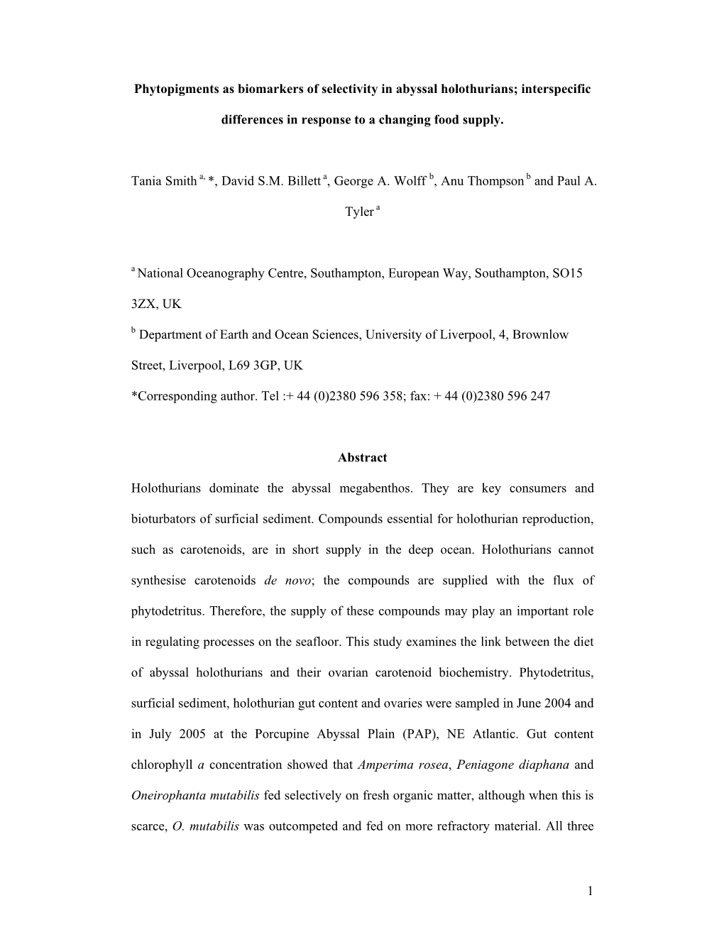 1 Phytopigments As Biomarkers of Selectivity in Abyssal Holothurians