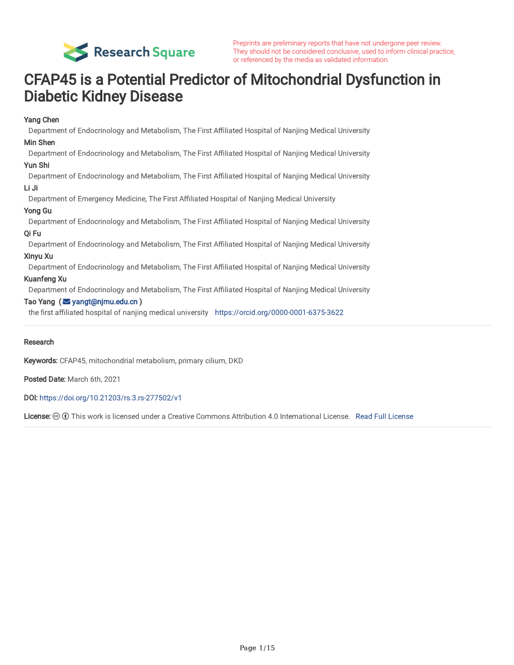 CFAP45 Is a Potential Predictor of Mitochondrial Dysfunction in Diabetic Kidney Disease