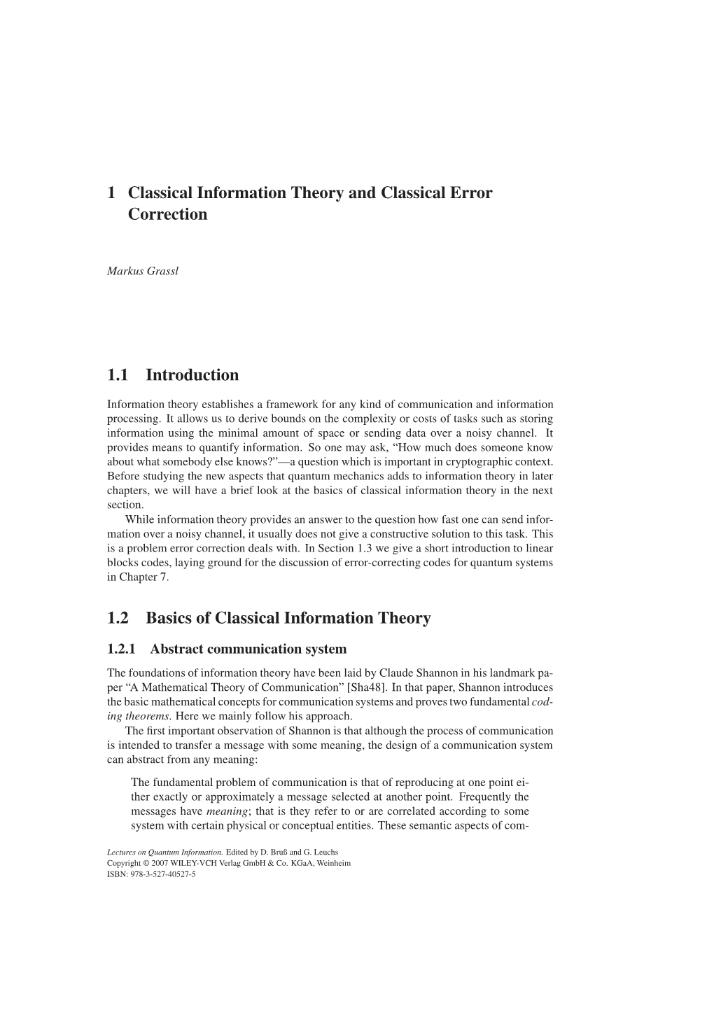 1 Classical Information Theory and Classical Error Correction 1.1