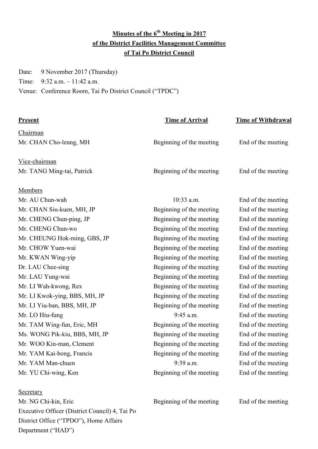 Minutes of the 6 Meeting in 2017 of the District Facilities Management