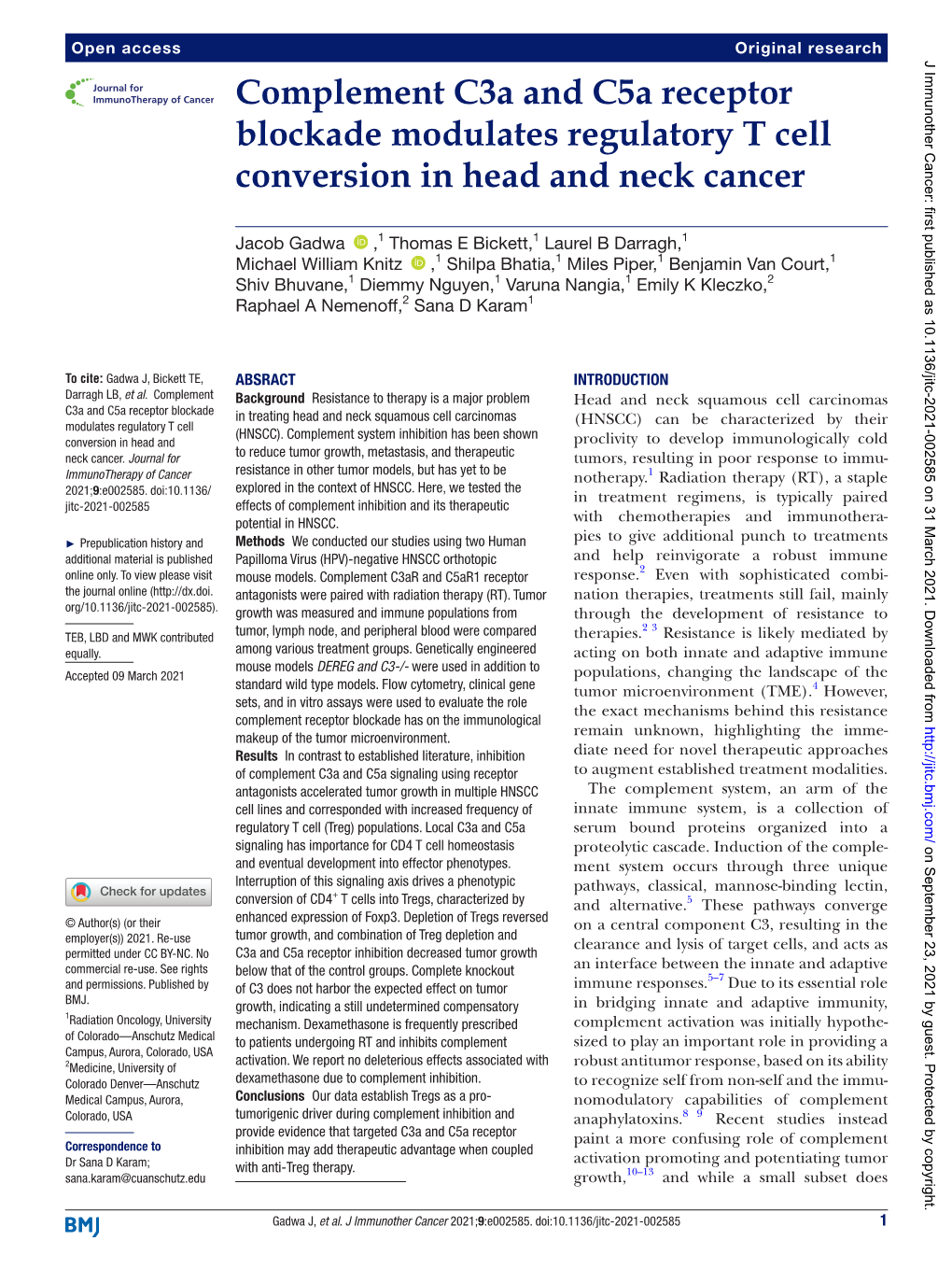 Complement C3a and C5a Receptor Blockade Modulates Regulatory T Cell Conversion in Head and Neck Cancer