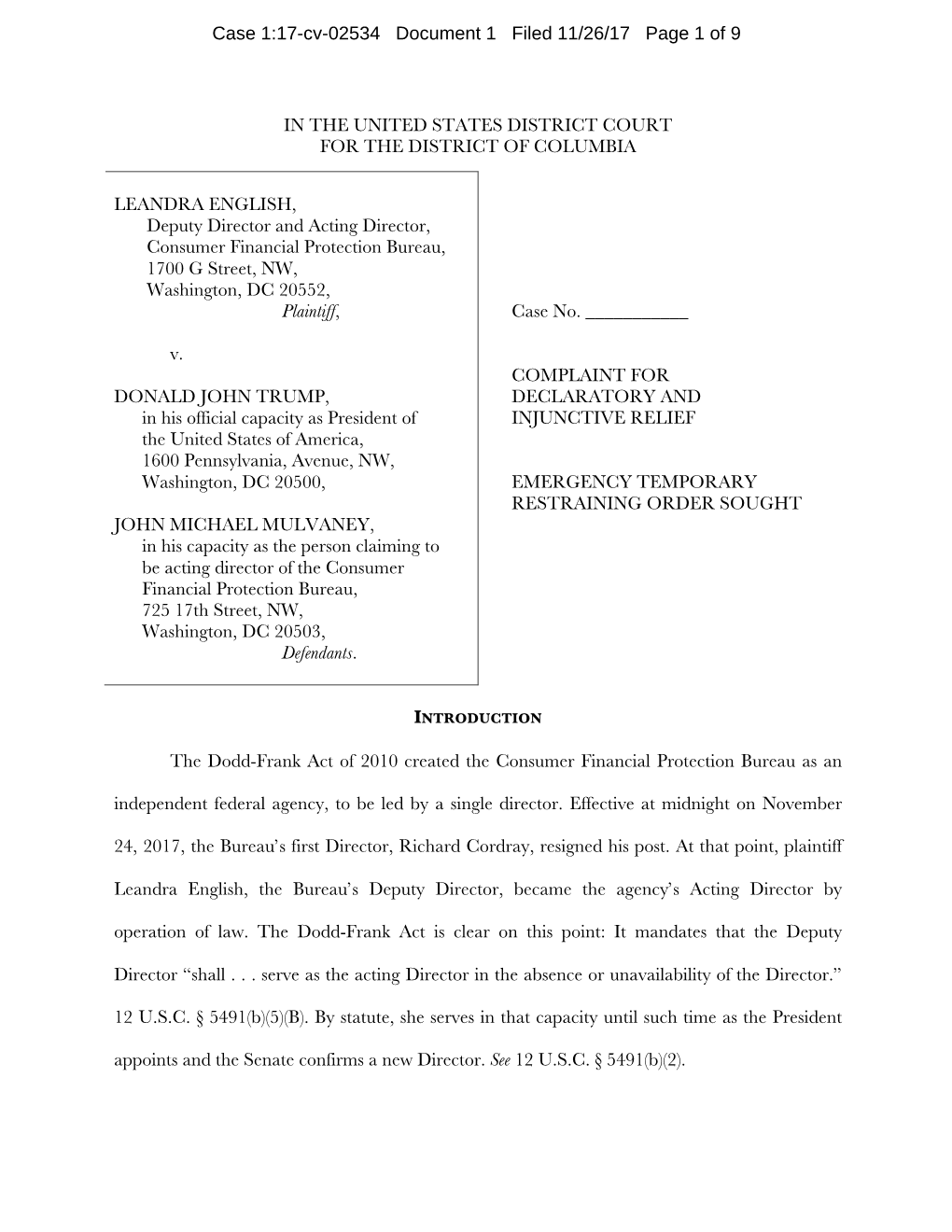 IN the UNITED STATES DISTRICT COURT for the DISTRICT of COLUMBIA LEANDRA ENGLISH, Deputy Director and Acting Director, Consumer