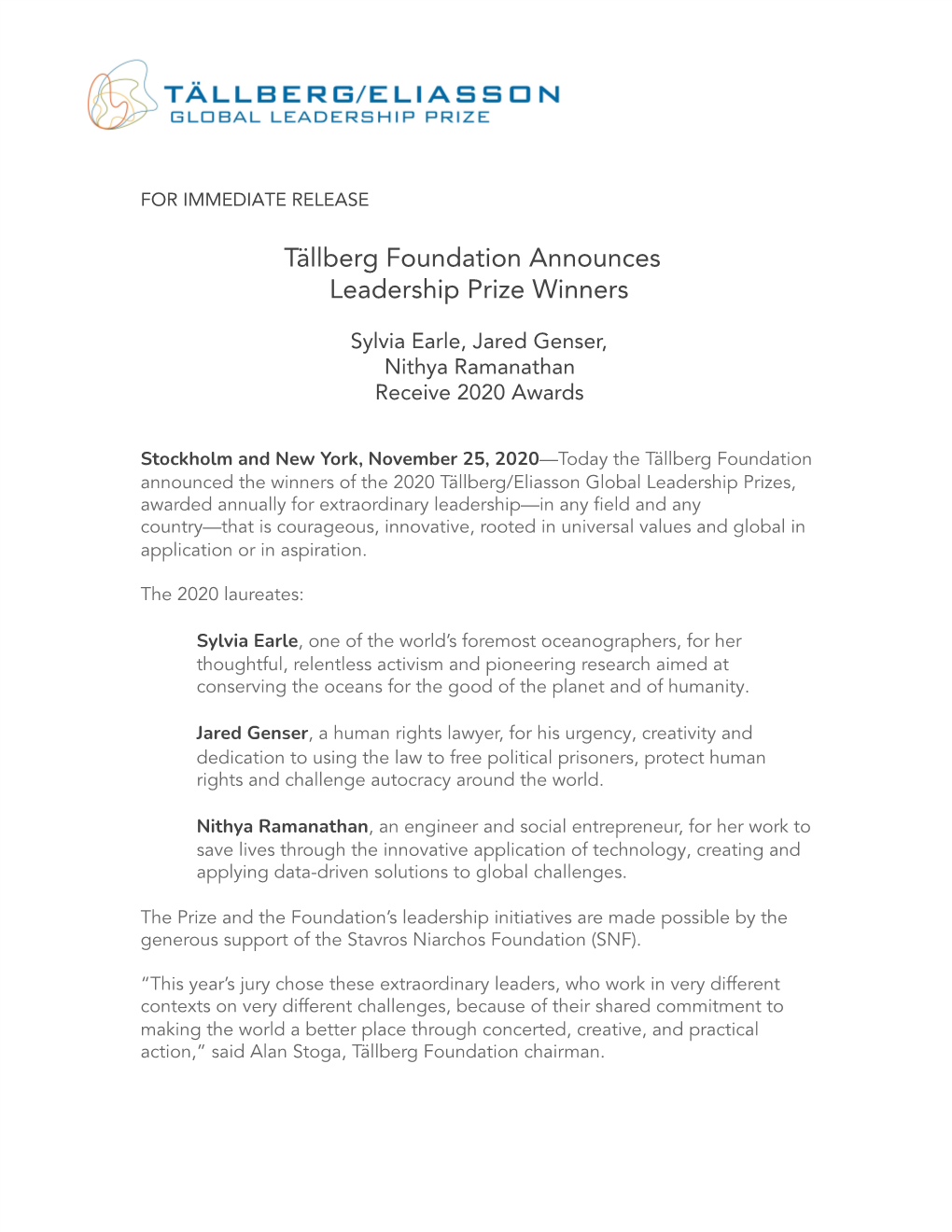 Tällberg Foundation Announces Leadership Prize Winners