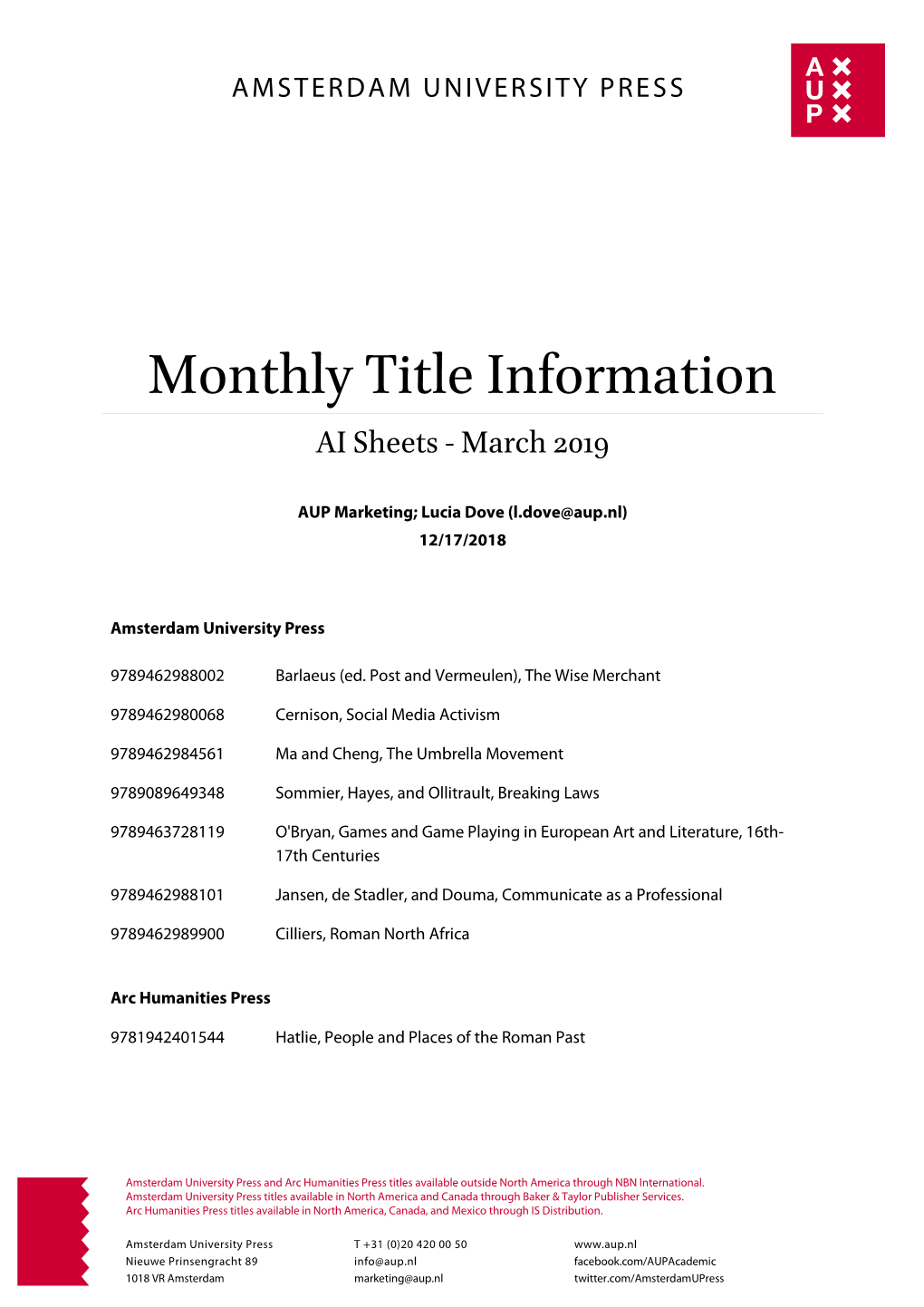 Monthly Title Information Cover Sheet March 2019