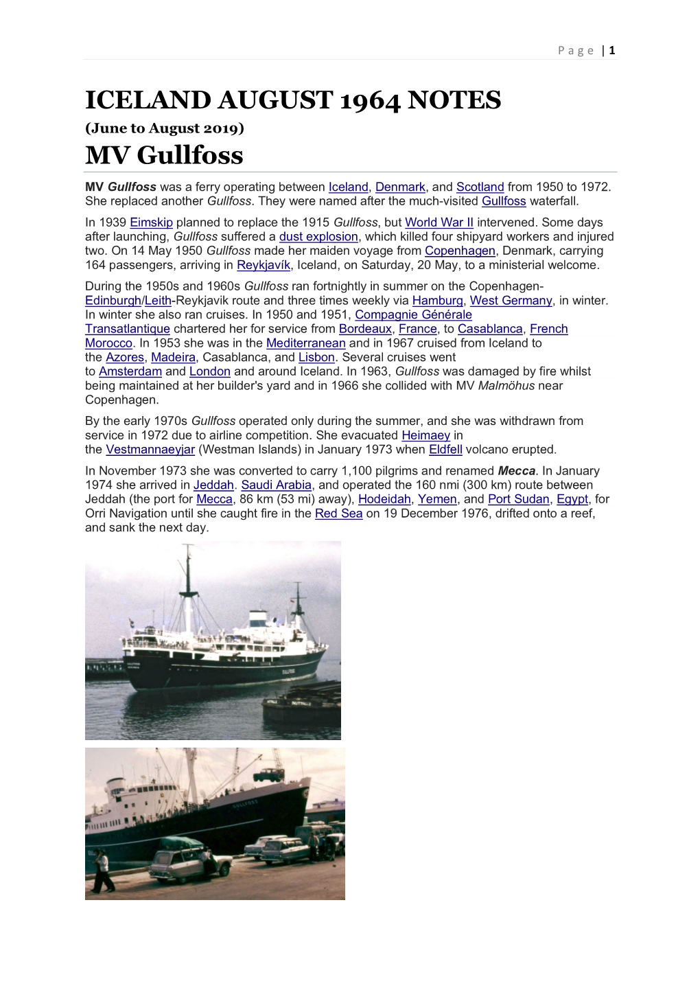 ICELAND AUGUST 1964 NOTES MV Gullfoss
