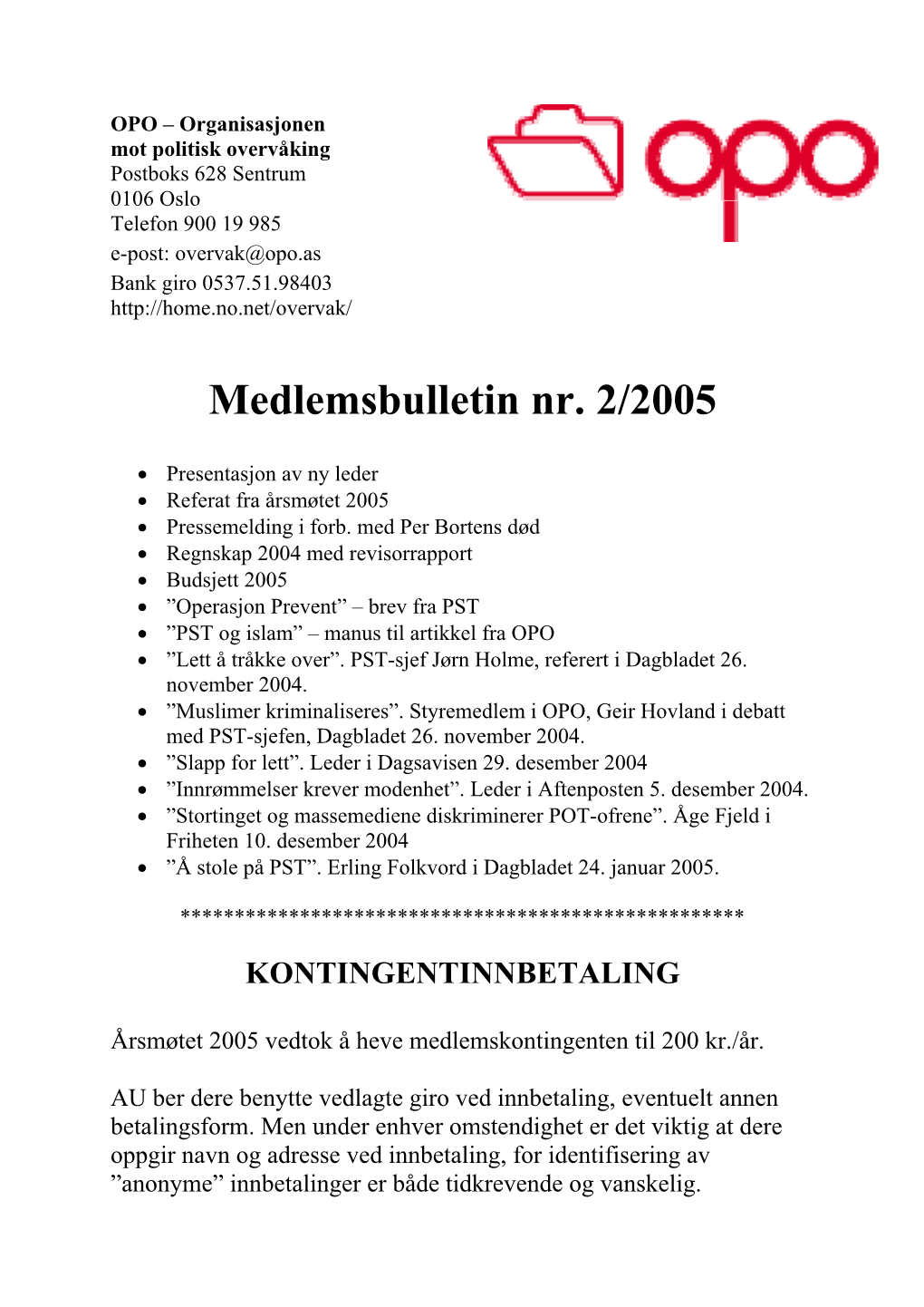 Medlemsbulletin Nr. 2/2005