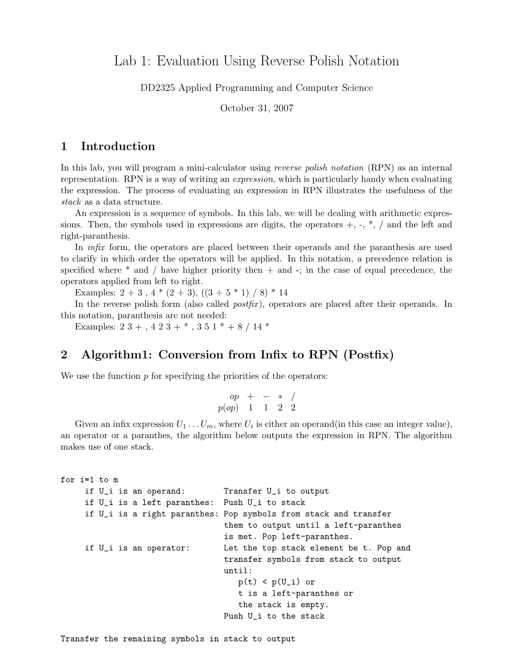 Lab 1: Evaluation Using Reverse Polish Notation