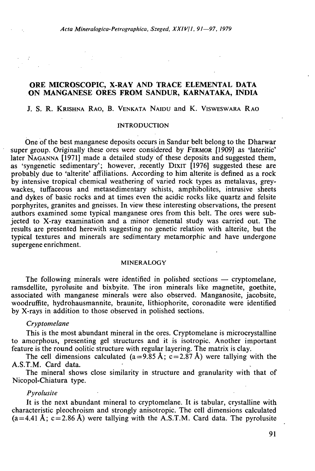 Ore Microscopic, X-Ray and Trace Elemental Data on Manganese Ores from Sandur, Karnataka, India