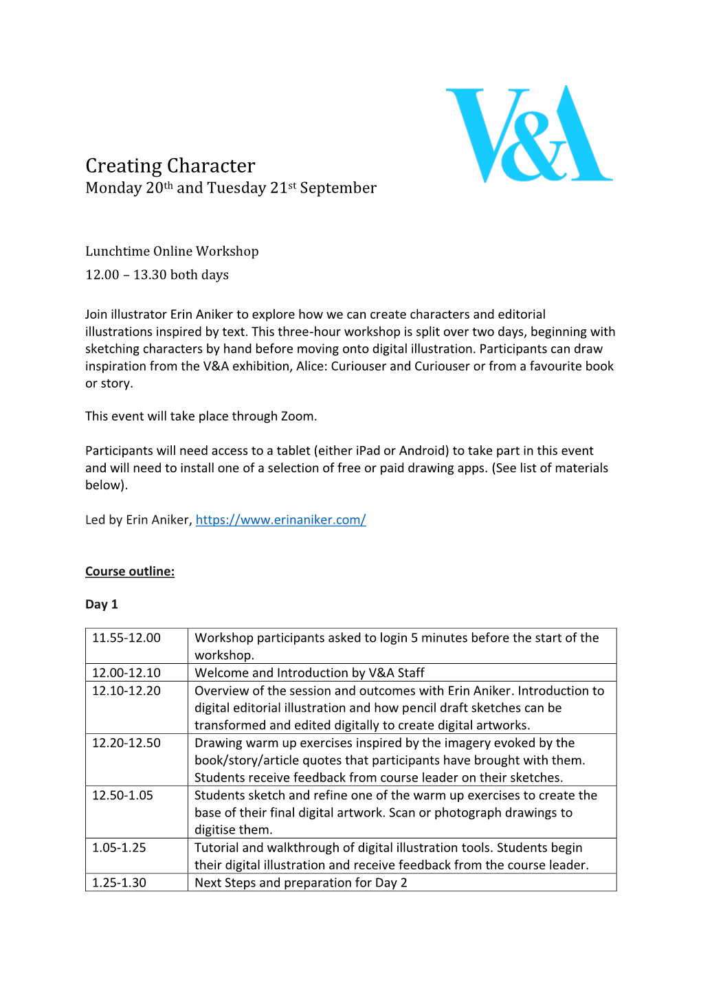 Creating Character Monday 20Th and Tuesday 21St September