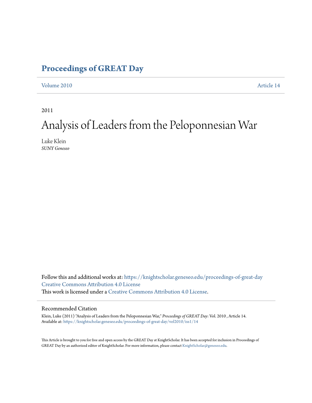 Analysis of Leaders from the Peloponnesian War Luke Klein SUNY Geneseo