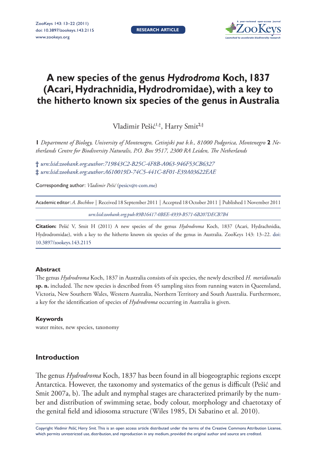 A New Species of the Genus Hydrodroma Koch, 1837 (Acari, Hydrachnidia, Hydrodromidae), with a Key to the Hitherto Known Six Species of the Genus in Australia