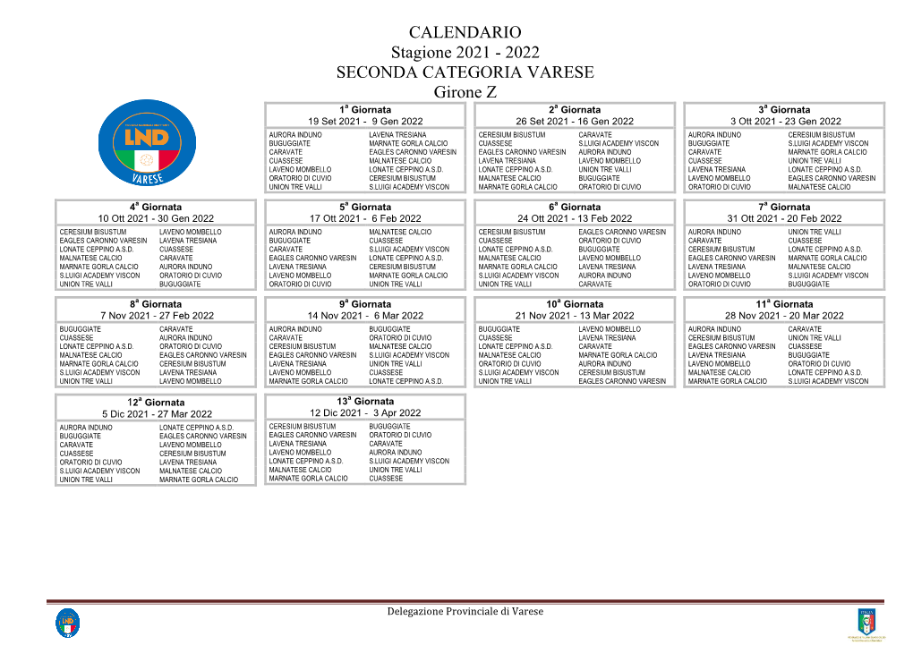 CALENDARIO Stagione 2021