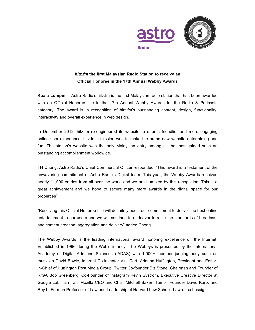 Hitz.Fm the First Malaysian Radio Station to Receive an Official Honoree in the 17Th Annual Webby Awards Kuala Lumpur – Astr