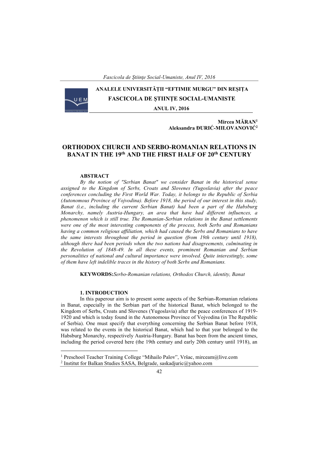 ORTHODOX CHURCH and SERBO-ROMANIAN RELATIONS in BANAT in the 19Th and the FIRST HALF of 20Th CENTURY