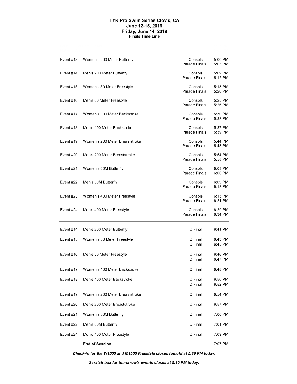 TYR Pro Swim Series Clovis, CA June 12-15, 2019 Friday, June 14, 2019 Finals Time Line