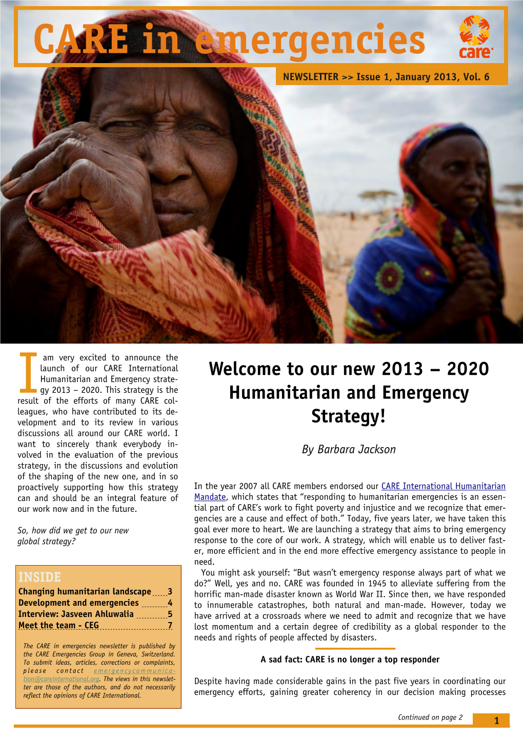 CARE in Emergencies NEWSLETTER >> Issue 1, January 2013, Vol