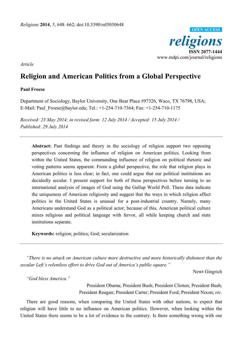 Religion and American Politics from a Global Perspective