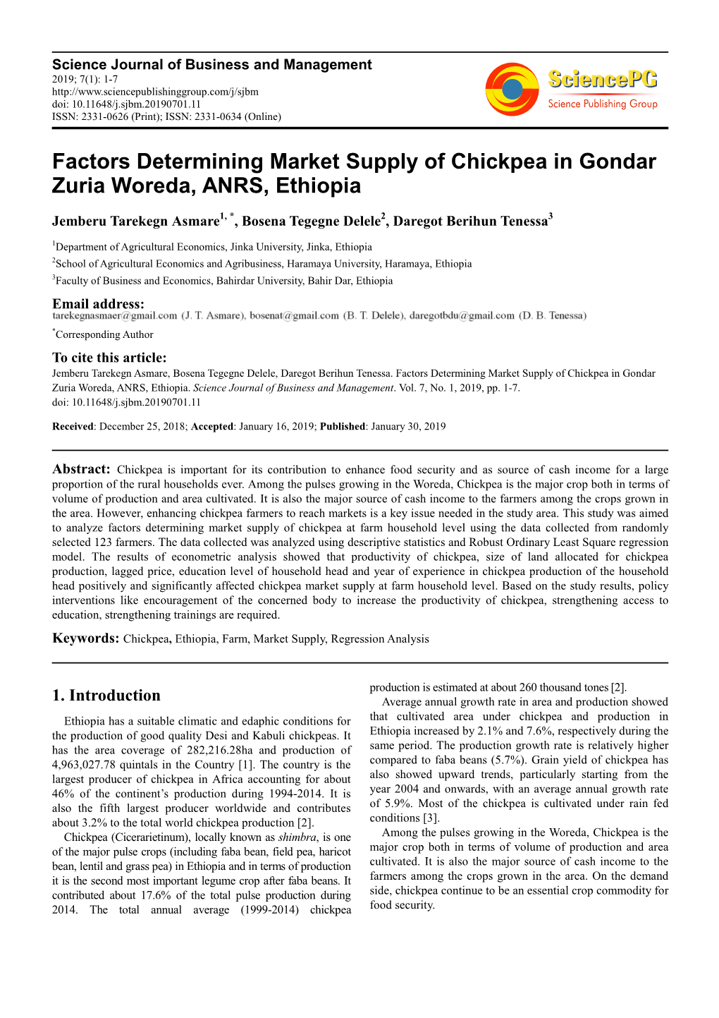 Factors Determining Market Supply of Chickpea in Gondar Zuria Woreda, ANRS, Ethiopia