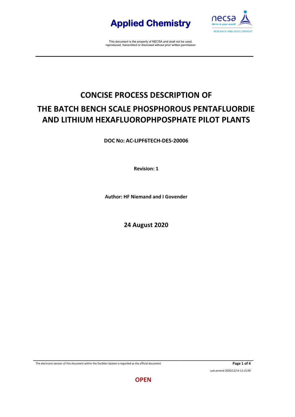 Applied Chemistry CONCISE PROCESS DESCRIPTION OF