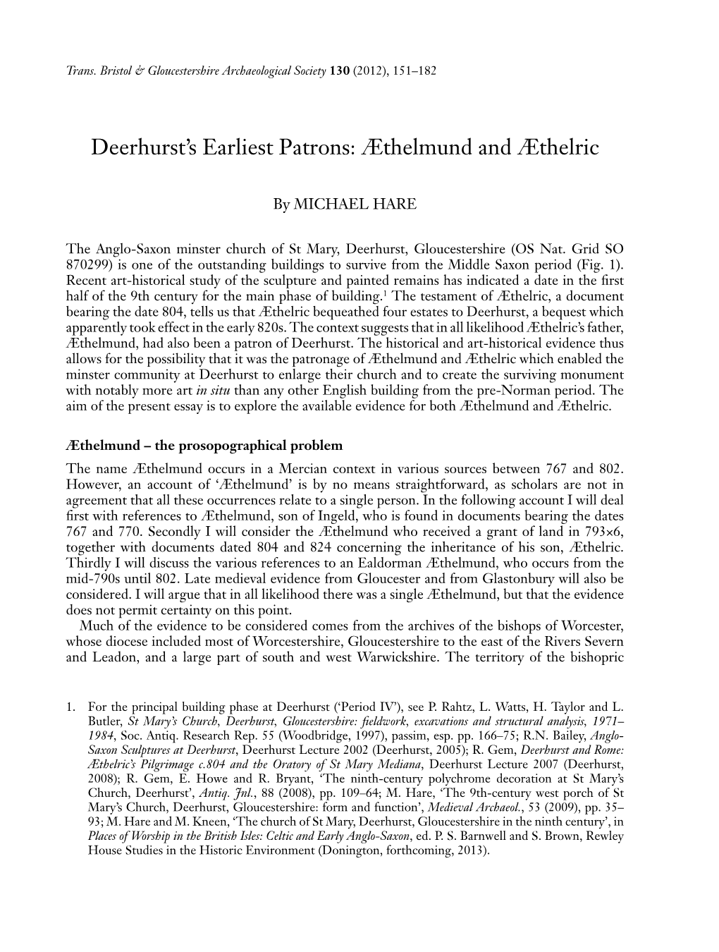 Deerhurst's Earliest Patrons: Æthelmund and Æthelric