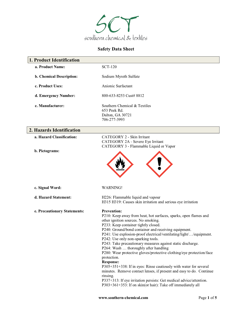 Safety Data Sheet 1. Product Identification 2. Hazards Identification