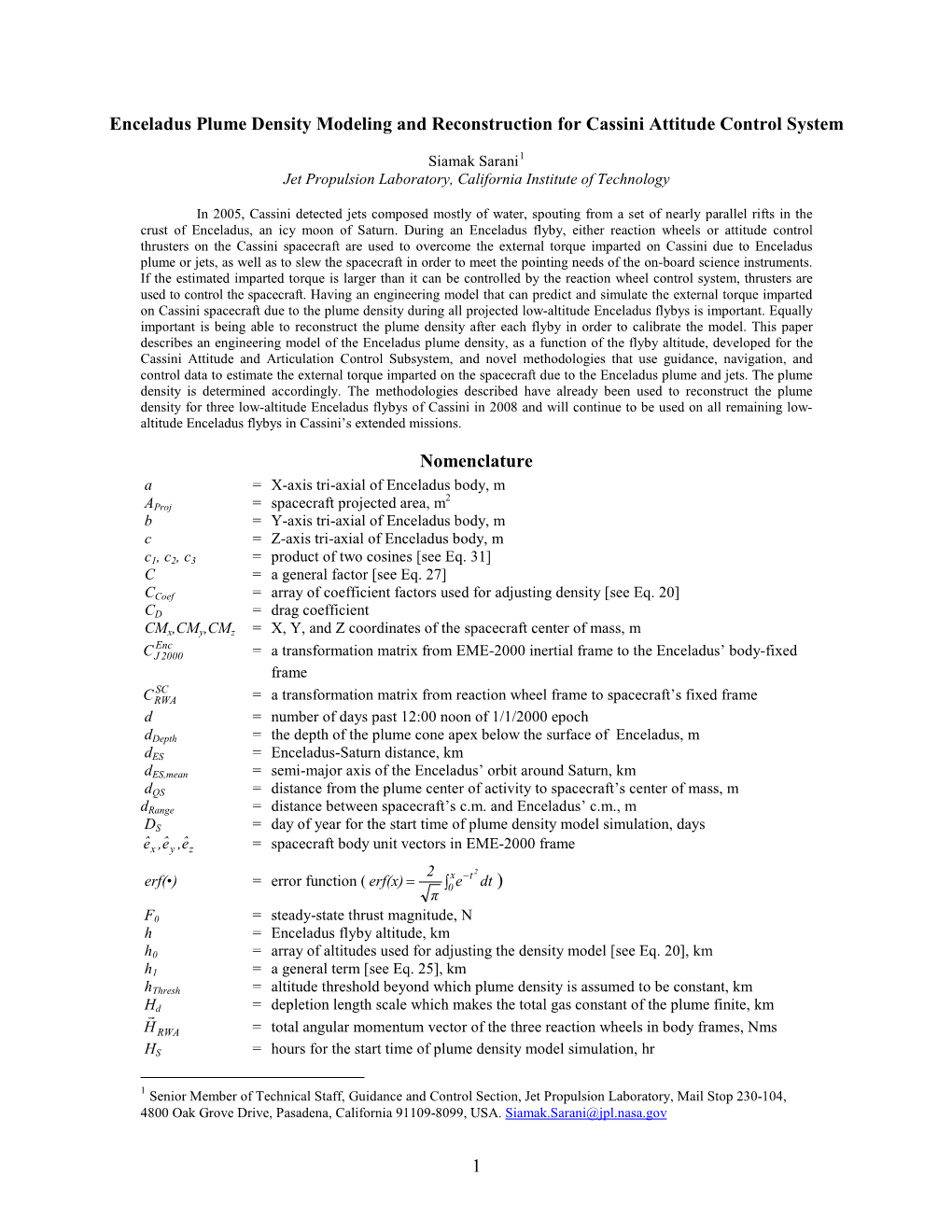 Enceladus Plume Density Modeling and Reconstruction for Cassini Attitude Control System