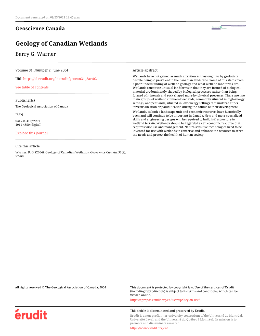 Geology of Canadian Wetlands Barry G