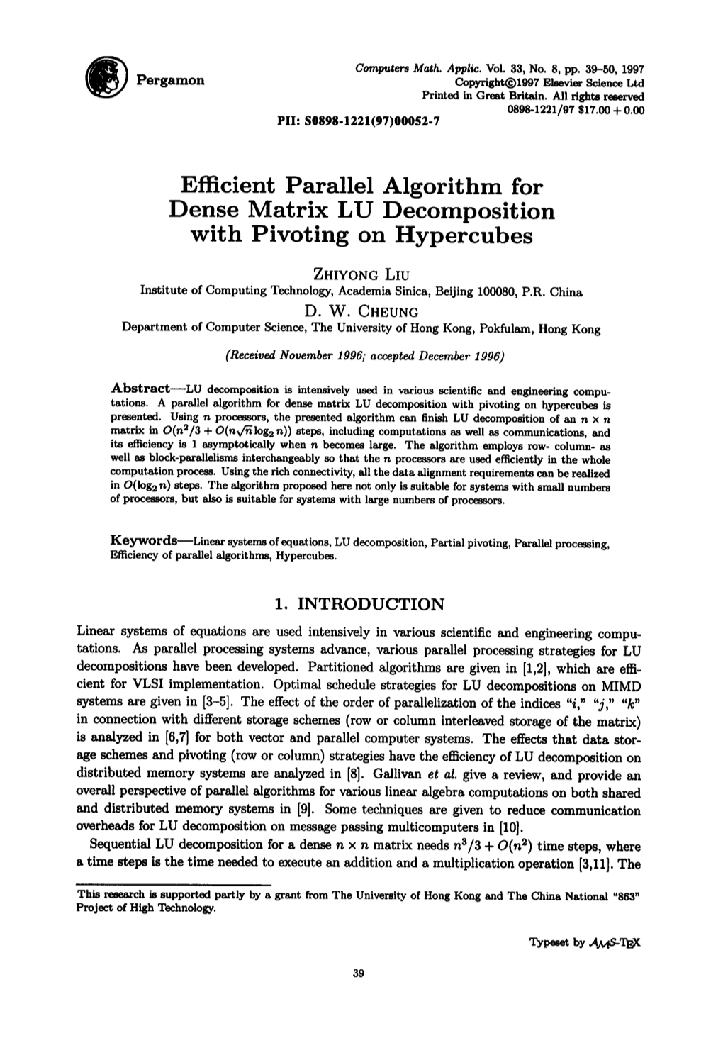 Efficient Parallel Algorithm for Dense Matrix LU Decomposition with Pivoting on Hypercubes