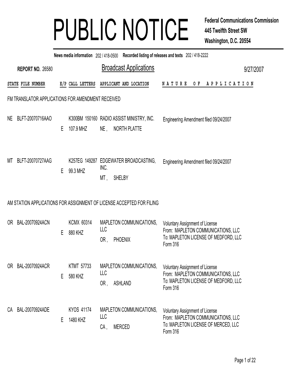 Broadcast Applications 9/27/2007