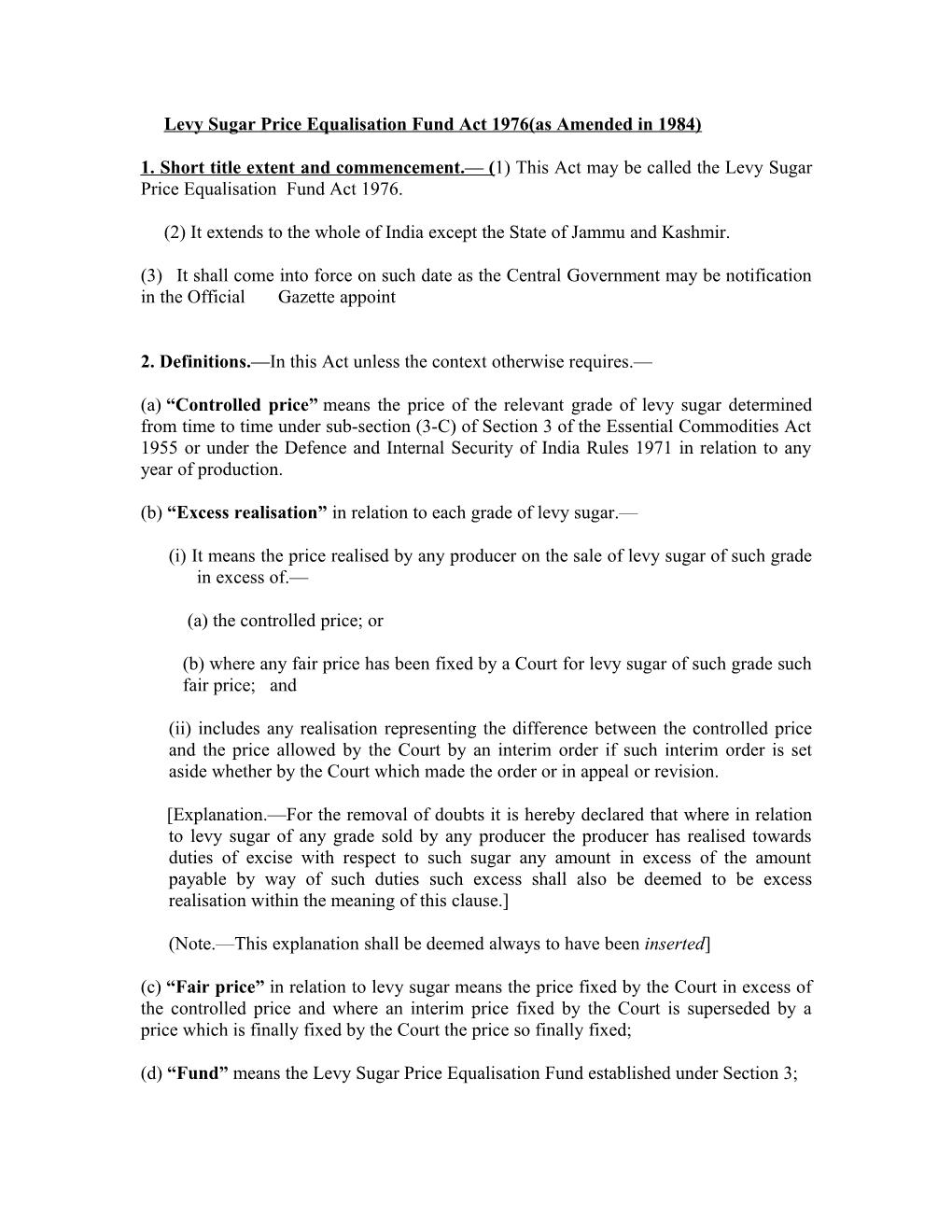 Levy Sugar Price Equalisation Fund Act 1976(As Amended in 1984)