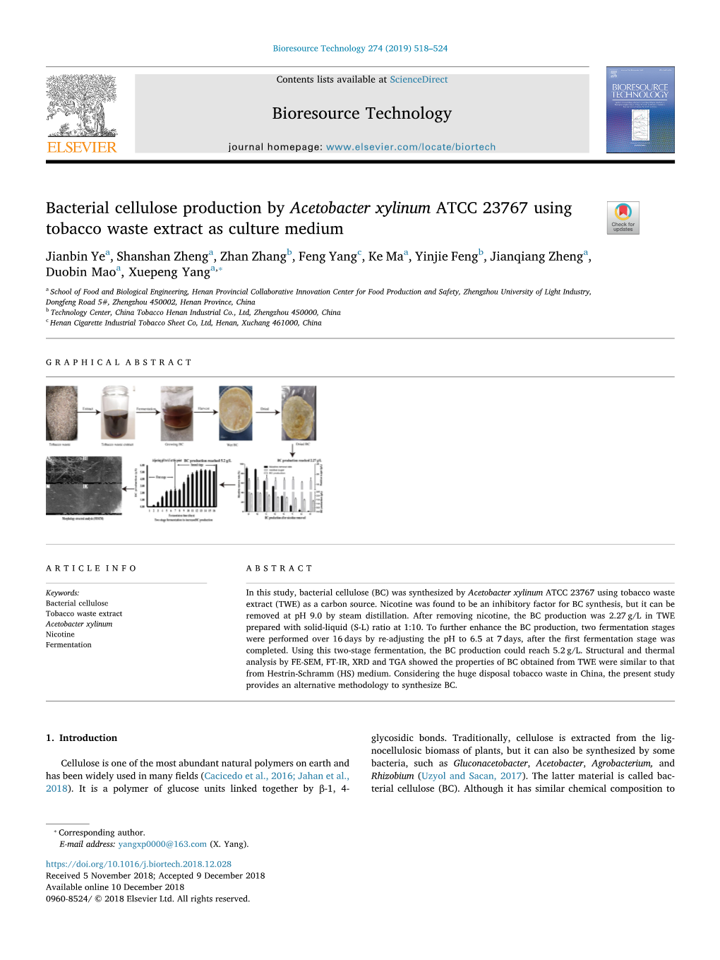 Bacterial Cellulose Production by Acetobacter Xylinum ATCC 23767 Using Tobacco Waste Extract As Culture Medium T