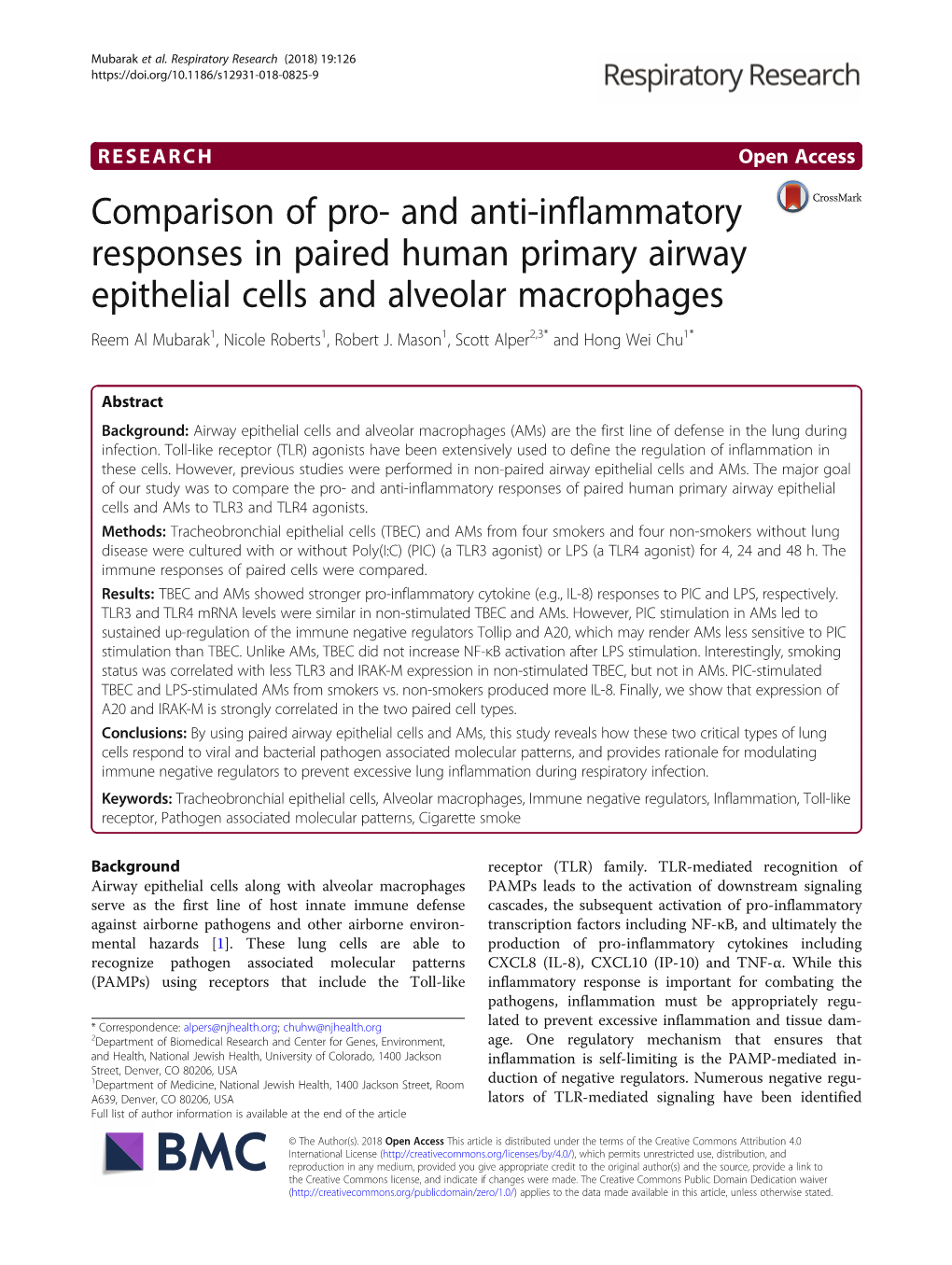 And Anti-Inflammatory Responses in Paired Human Primary Airway Epithelial Cells and Alveolar Macrophages Reem Al Mubarak1, Nicole Roberts1, Robert J