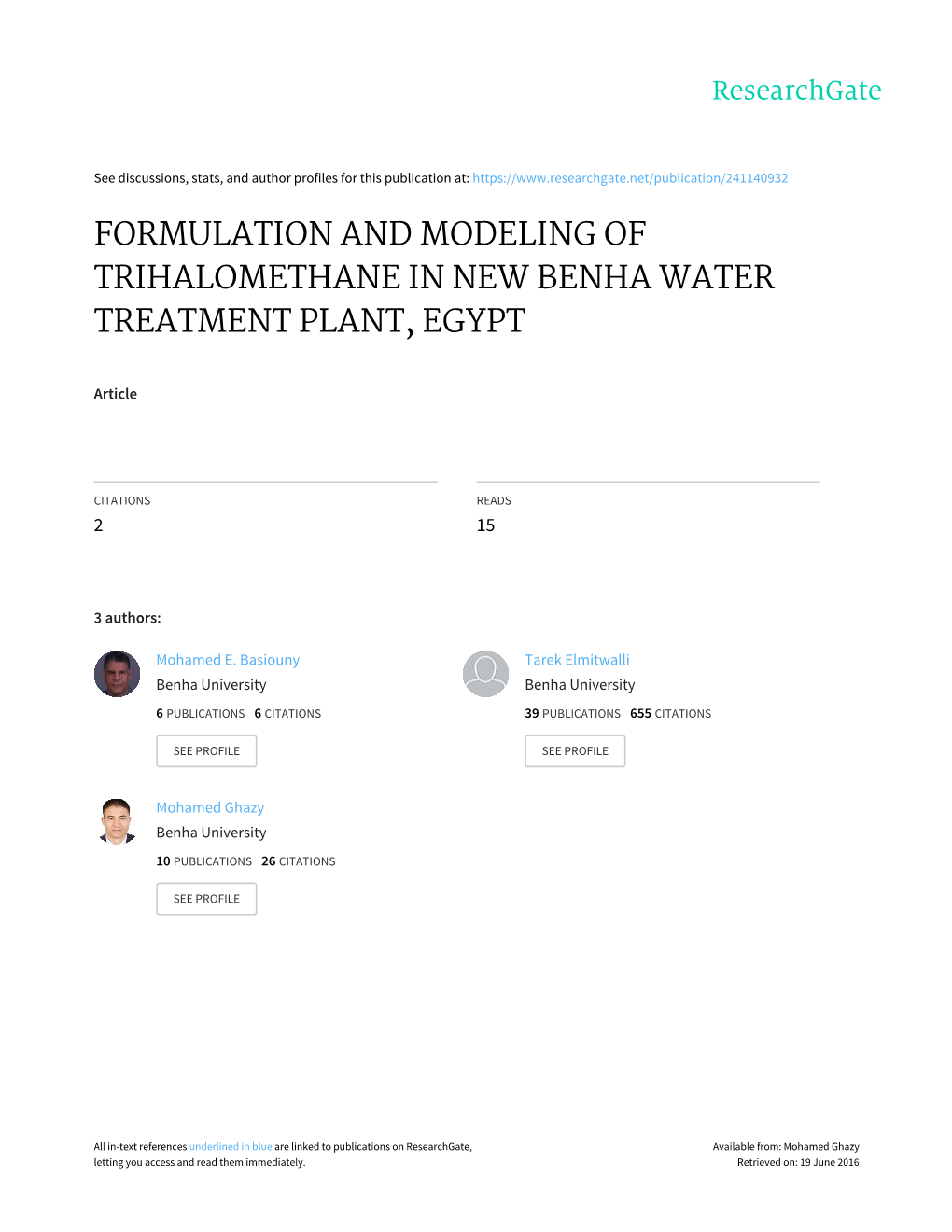 Formulation and Modeling of Trihalomethane in New Benha Water Treatment Plant, Egypt