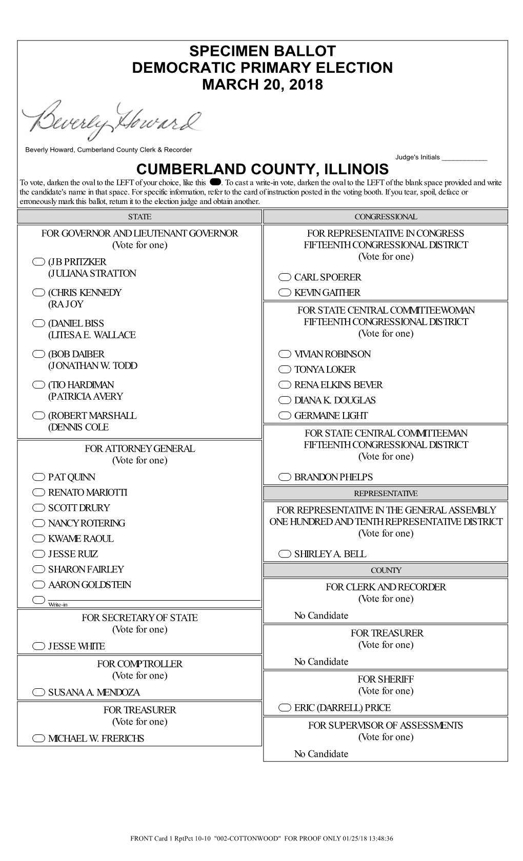 Specimen Ballot Democratic Primary Election March 20, 2018 Cumberland County, Illinois