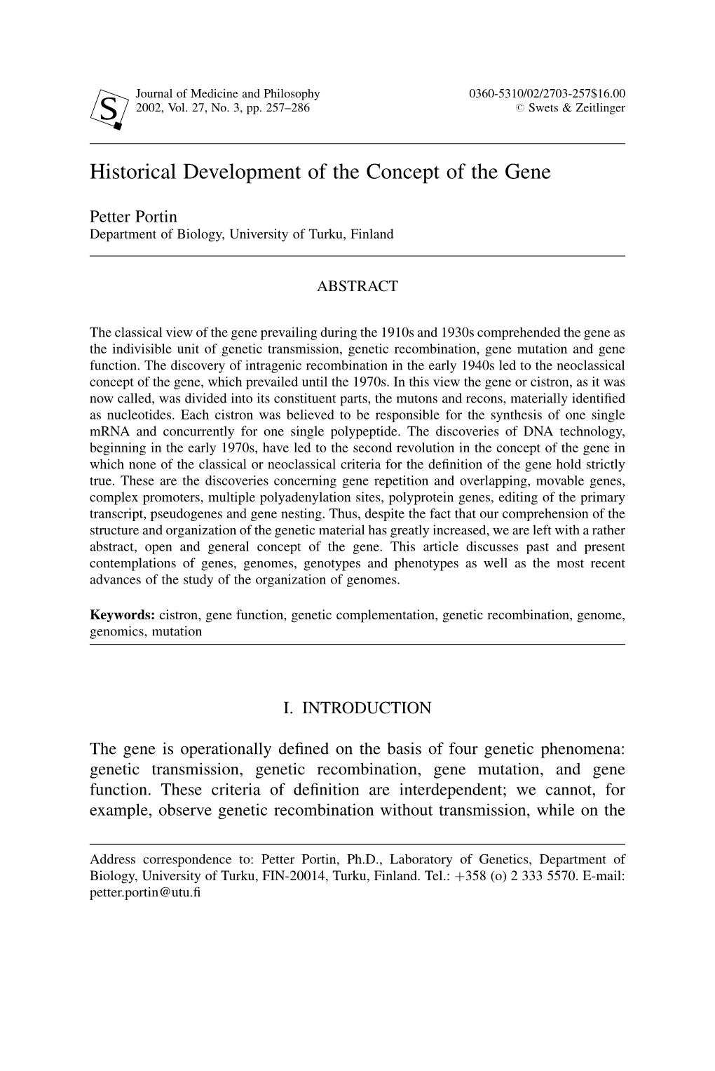 Historical Development of the Concept of the Gene