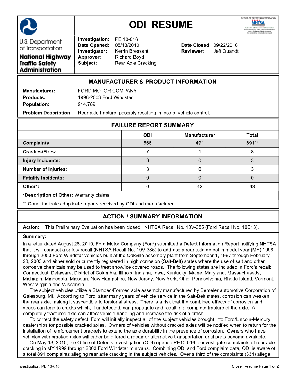 DOT NHTSA ODI Document