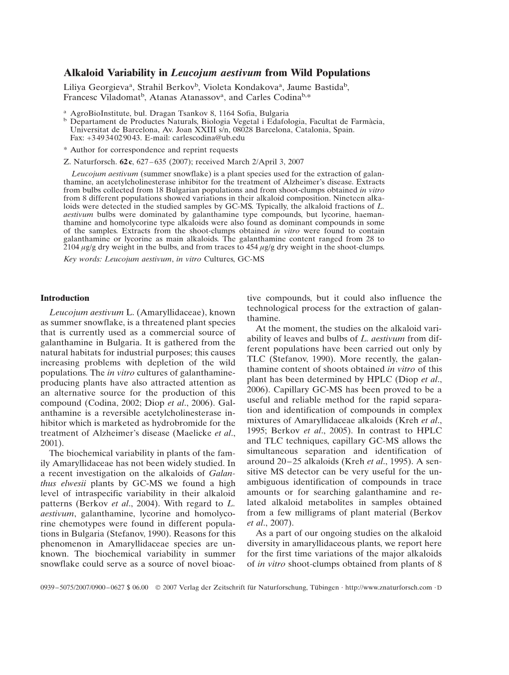Alkaloid Variability in Leucojum Aestivum from Wild Populations