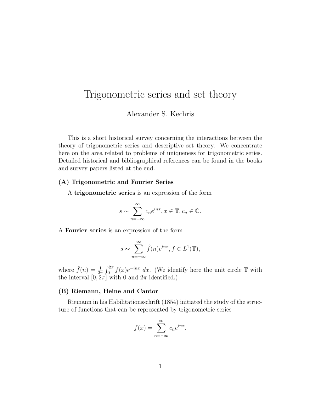 Trigonometric Series and Set Theory