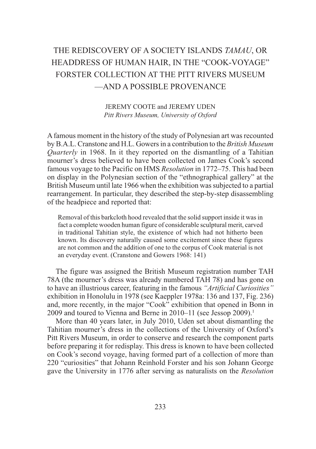 Cook-Voyage” Forster Collection at the Pitt Rivers Museum —And a Possible Provenance
