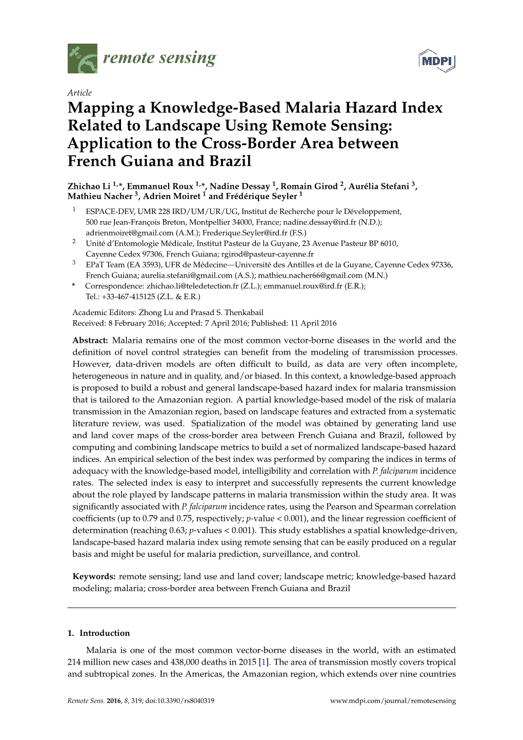 Mapping a Knowledge-Based Malaria Hazard Index Related to Landscape Using Remote Sensing: Application to the Cross-Border Area Between French Guiana and Brazil