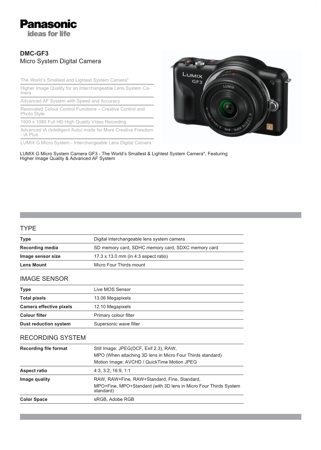 DMC-GF3 Micro System Digital Camera TYPE IMAGE SENSOR