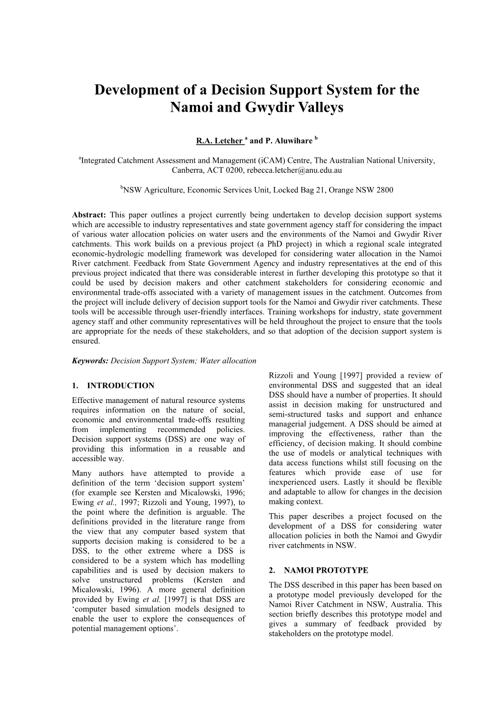 Development of a Decision Support System for the Namoi and Gwydir Valleys