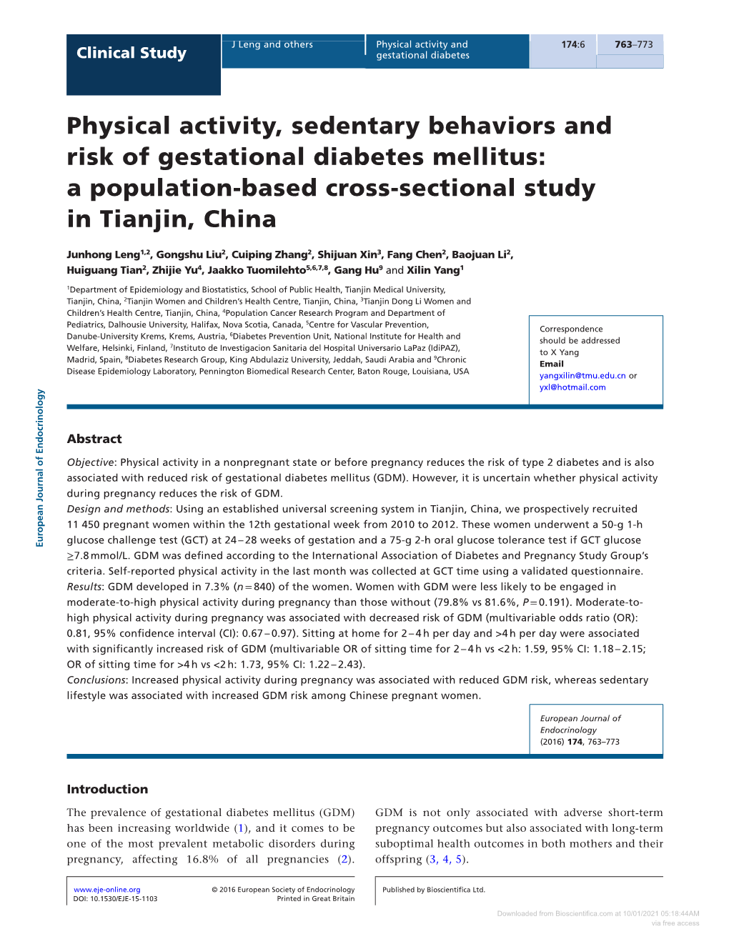 Physical Activity, Sedentary Behaviors and Risk of Gestational Diabetes Mellitus: a Population-Based Cross-Sectional Study in Tianjin, China