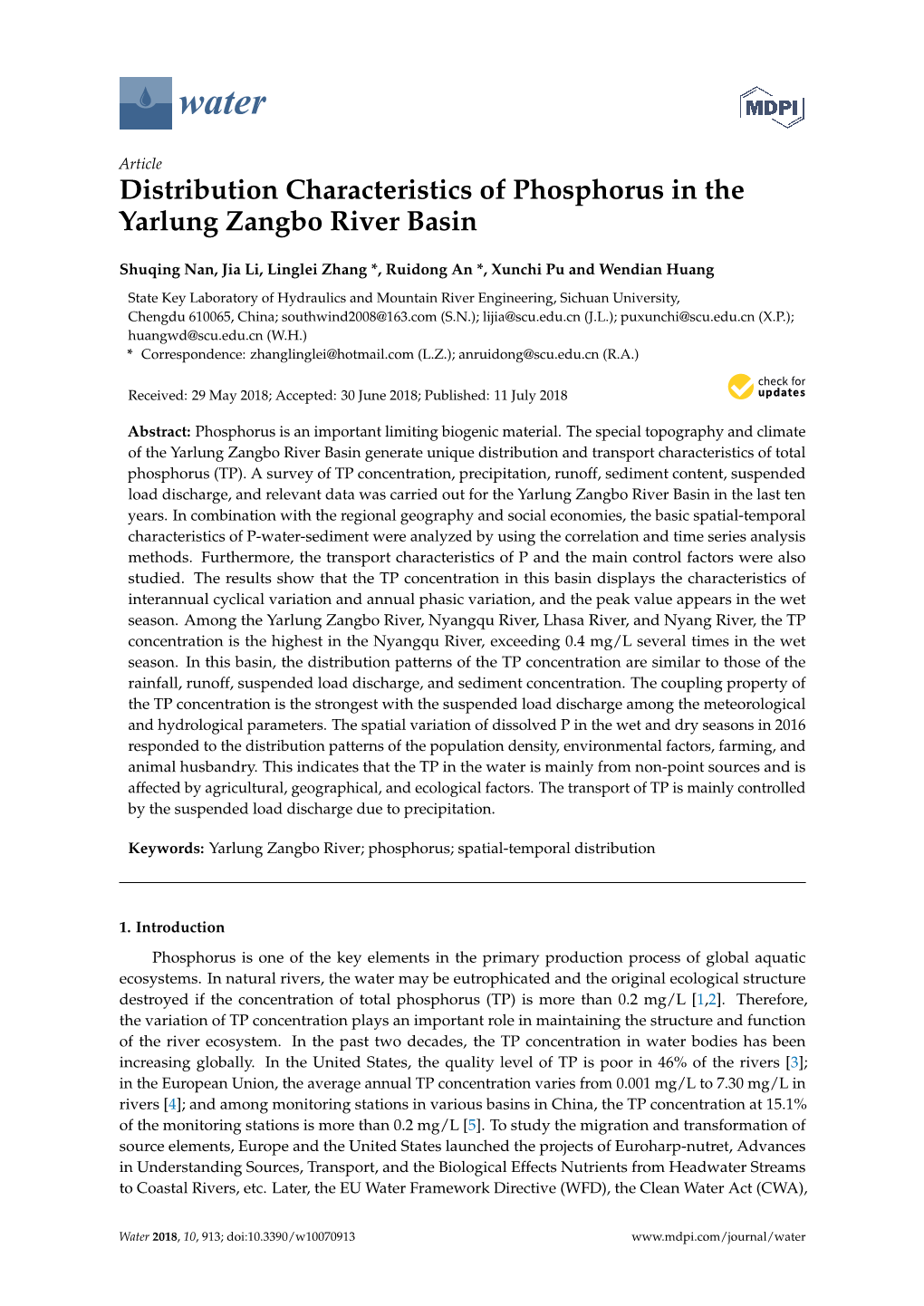 Distribution Characteristics of Phosphorus in the Yarlung Zangbo River Basin