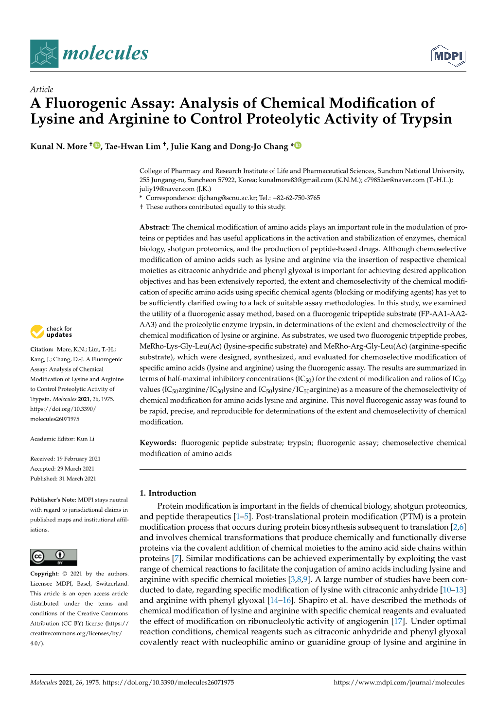 Analysis of Chemical Modification of Lysine and Arginine to Control Proteolytic Activity of Trypsin