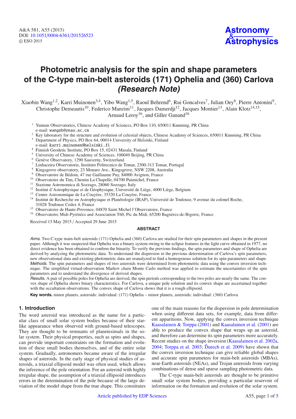 Photometric Analysis for the Spin and Shape Parameters of the C-Type Main-Belt Asteroids \(171\) Ophelia and \(360\) Carlova